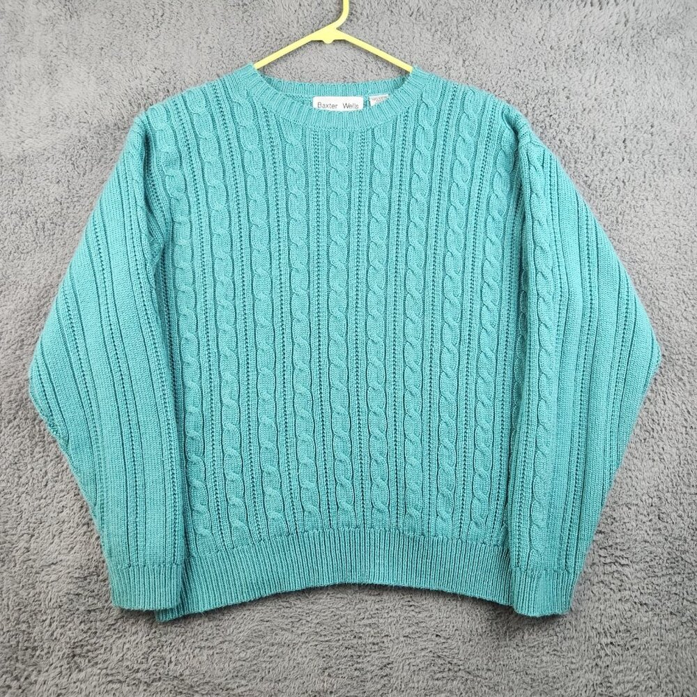 VTG Acrylic Sweater‎ Women's Large Turquoise Cable Knit Pullover Minimalist Cozy